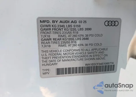 2025 Audi Q3 Premium 45 Tfsi S Line Quattro Tiptronic z USA, uszkodzony, nr VIN WA1EECF34S1065774